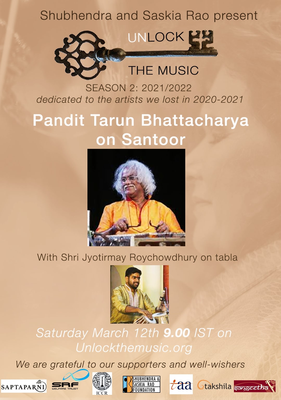 Virtualni koncert v živo: Recital na santurju s Panditom Taruno Bhattacharya v spremstvu Shri Jyotirmoyja Roya Chowdhuryja na tabli 12. 3. 2022 ob 16.30. uri